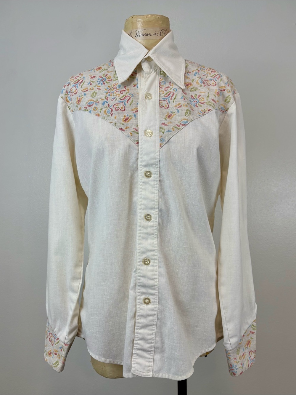 VTG 1970s Handmade Men's Cream Western Shirt with Paisley Yoke